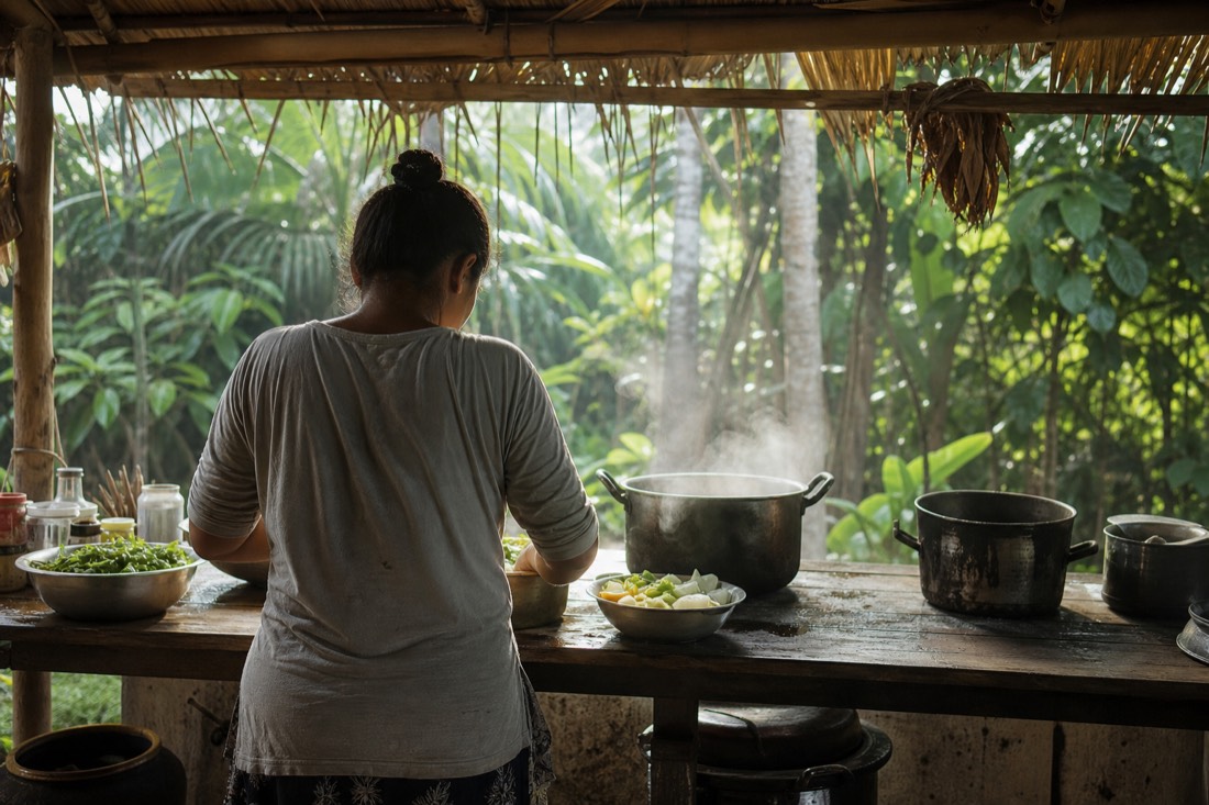 Cook preparing plain vegetables in a simple open-air retreat kitchen, steam rising in morning light