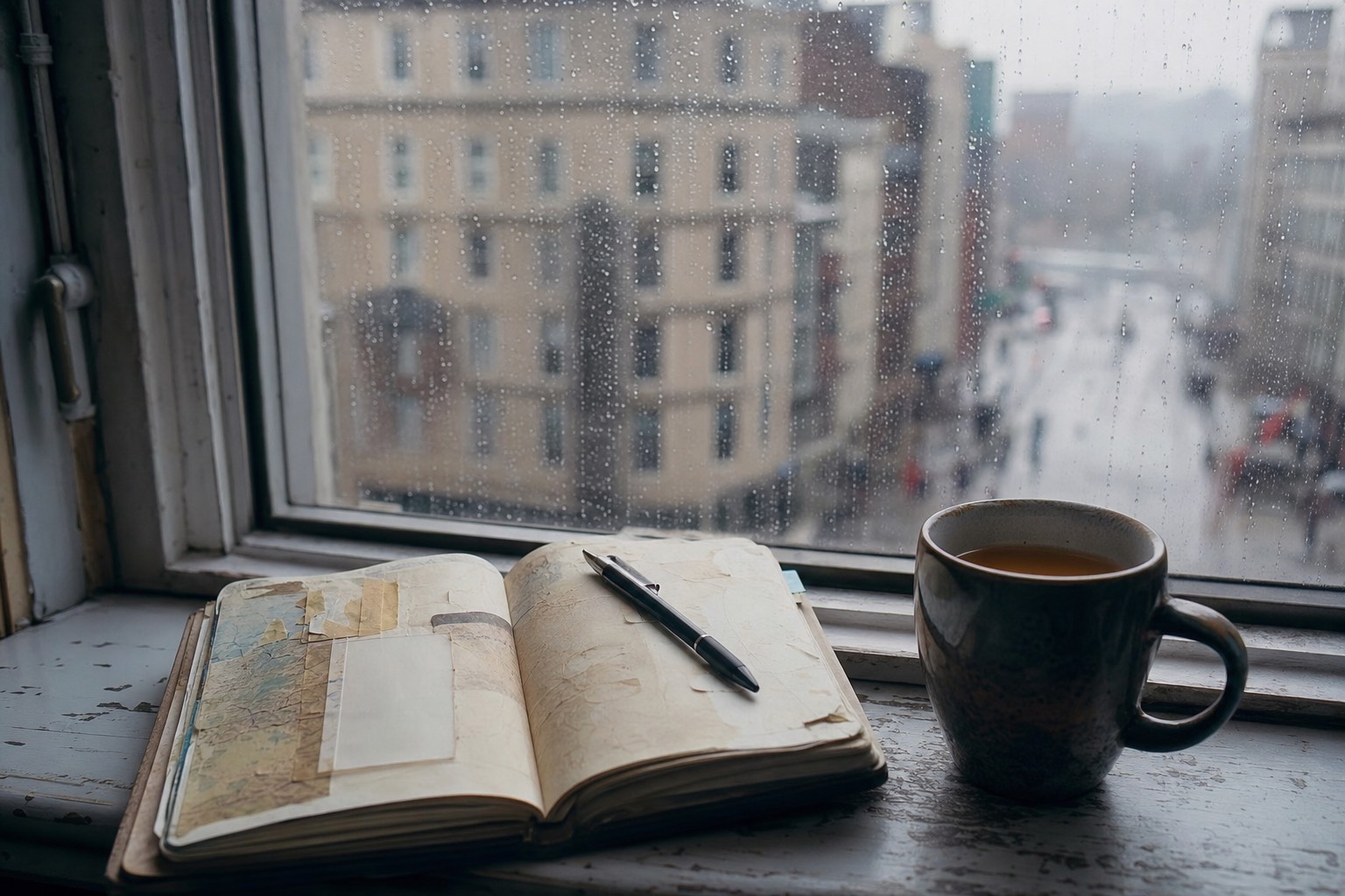 Traveler's journal, pen and cooling cup of tea on a windowsill overlooking a grey home city