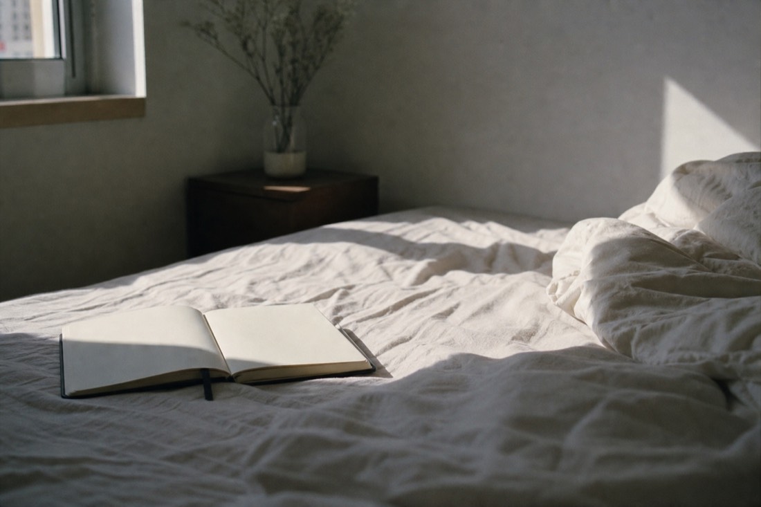 Morning light falling across an unmade bed and an open notebook in a quiet room