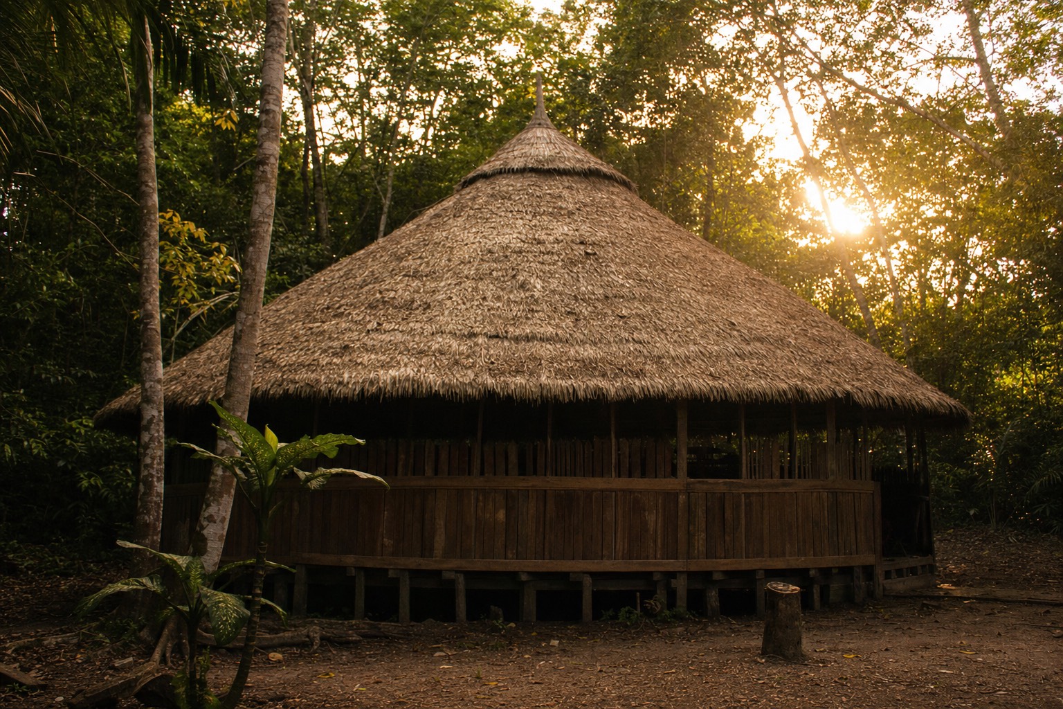 Wooden maloca surrounded by dense Amazon rainforest near Iquitos at golden hour