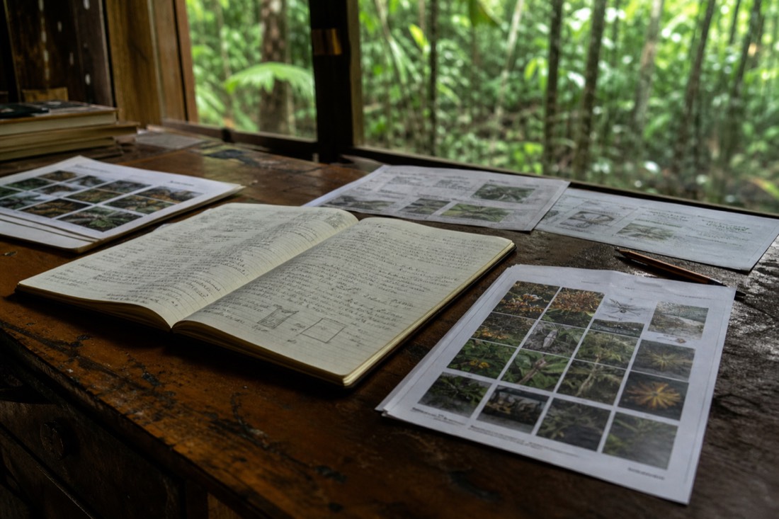 Notebook and printed retreat comparison sheets on a wooden desk with jungle light through a window