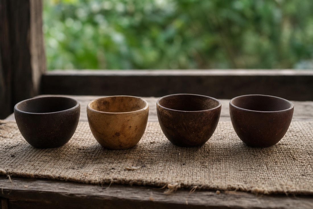 Four small ceremonial cups lined up on a woven cloth on a rough wooden table
