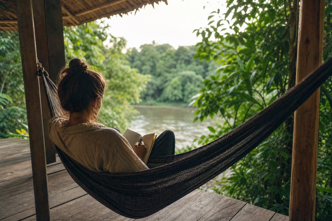 Guest journaling in a hammock between wooden bungalows in soft jungle morning light