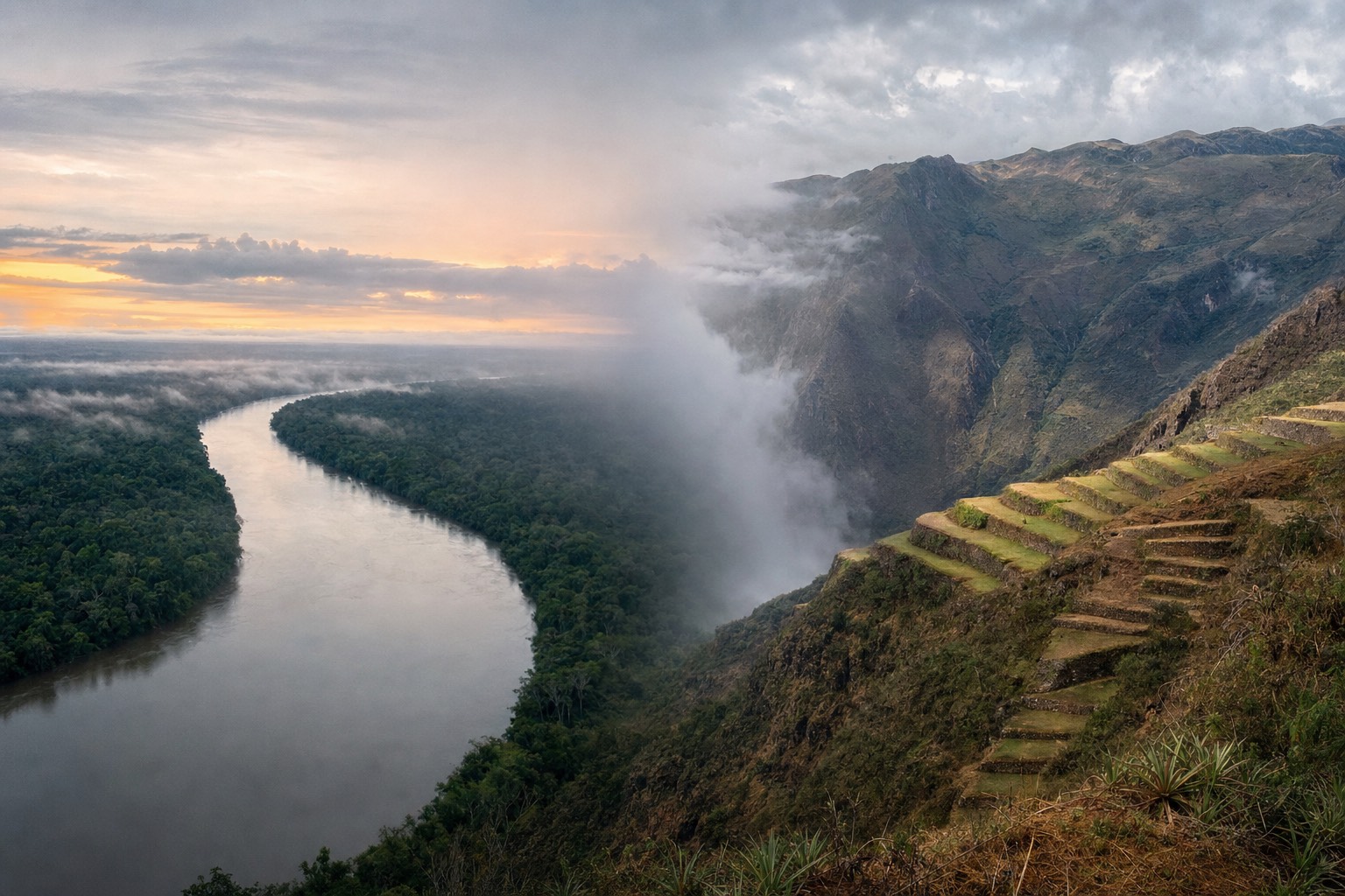 Split scene of Amazon river bend at dawn and Andean valley terraces under mountain light