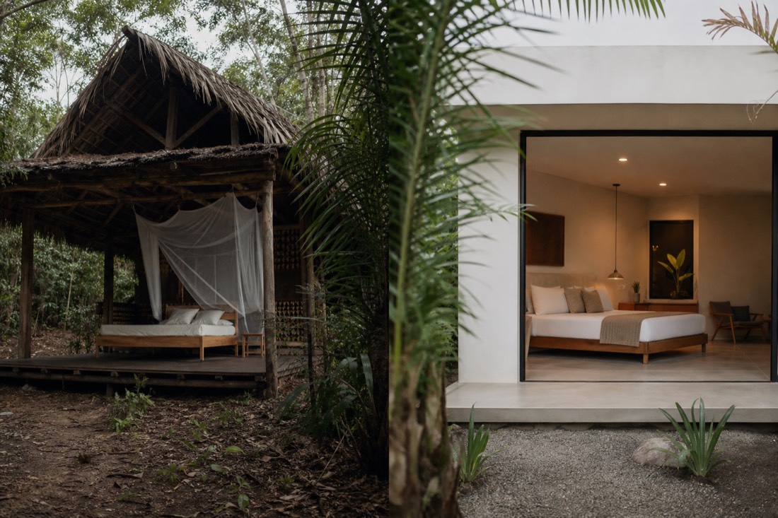 Comparison of a rustic jungle tambo and a modern resort casita, split by a palm frond