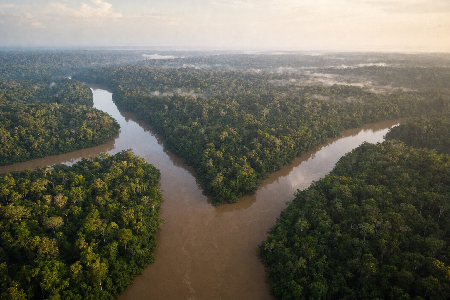 Three-way jungle river fork in the Amazon basin seen from above in soft morning light