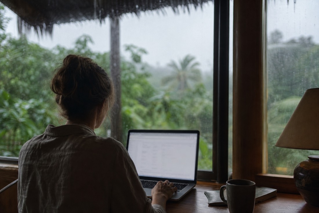 Traveler writing an email at a laptop beside a window with rain on jungle leaves outside