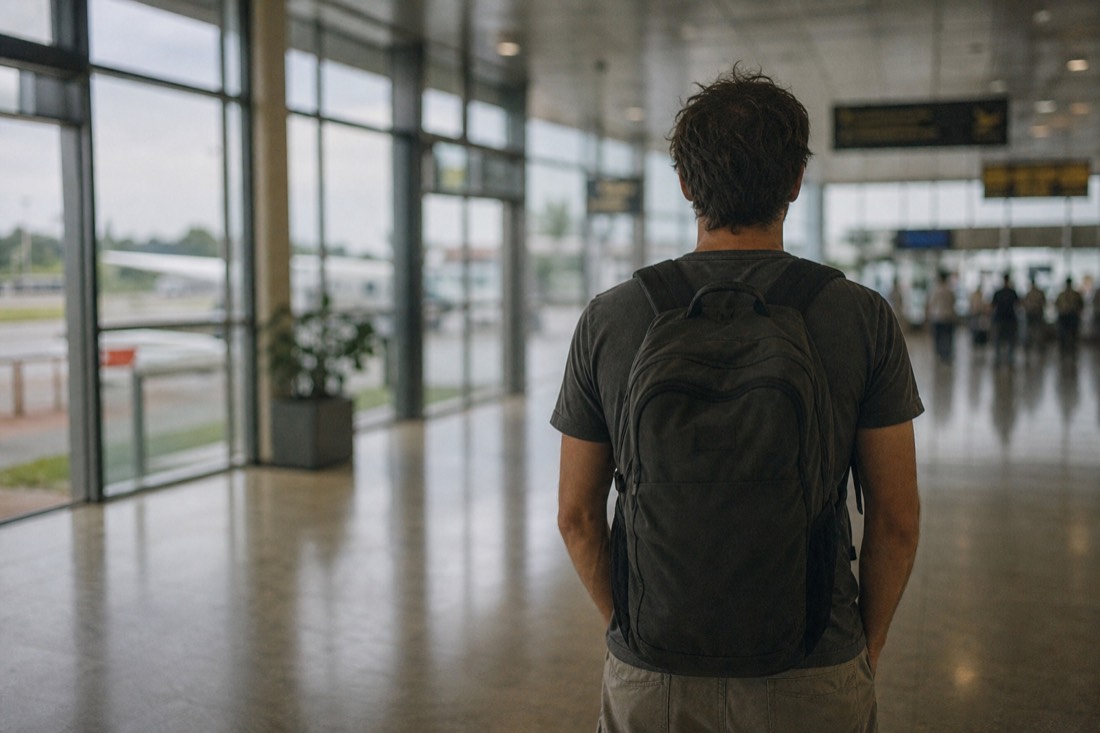 Airport arrivals area with a traveler's backpack in the foreground, tropical light outside