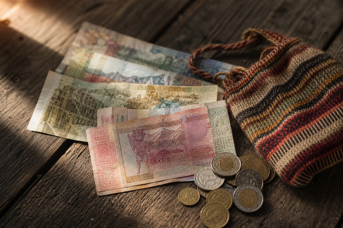 Peruvian soles banknotes and coins beside a small woven pouch on a wooden table
