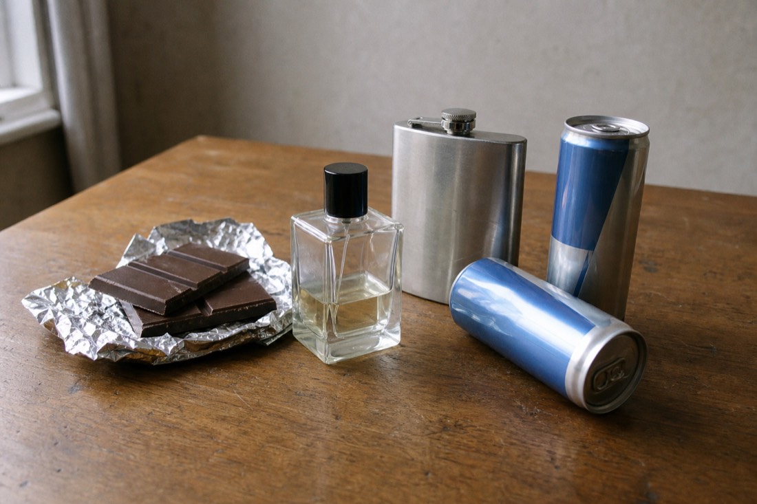 Small pile of confiscation-worthy items on a table: chocolate bars, perfume bottle, hip flask, energy drinks