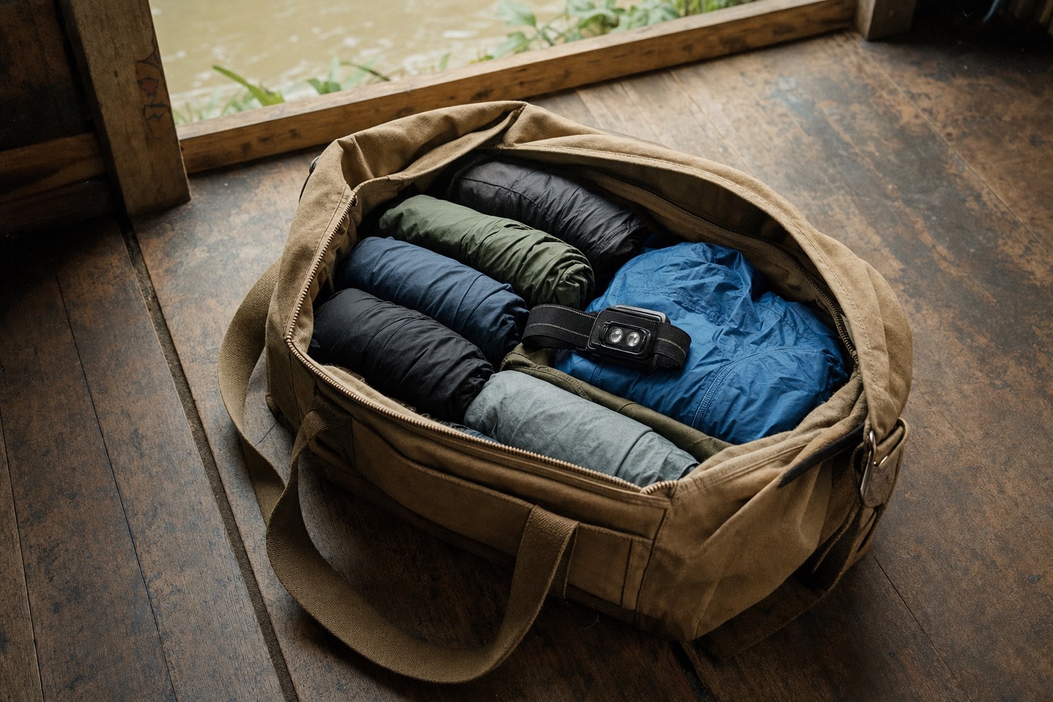 Open duffel bag on a wooden floor packed with quick-dry clothes, headlamp and rain shell