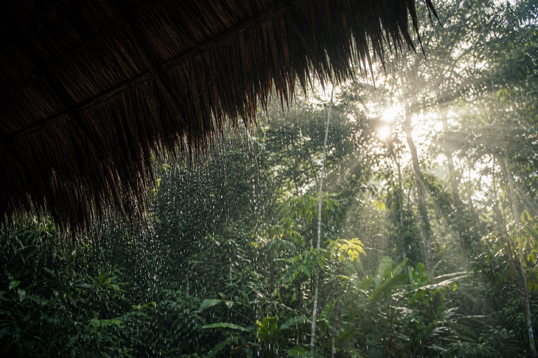 Rain hammering a thatched maloca roof while sunlight breaks through jungle canopy behind it