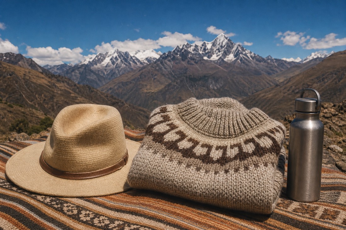 Alpaca-wool sweater, sun hat and water bottle laid out on a woven blanket with Andean peaks behind
