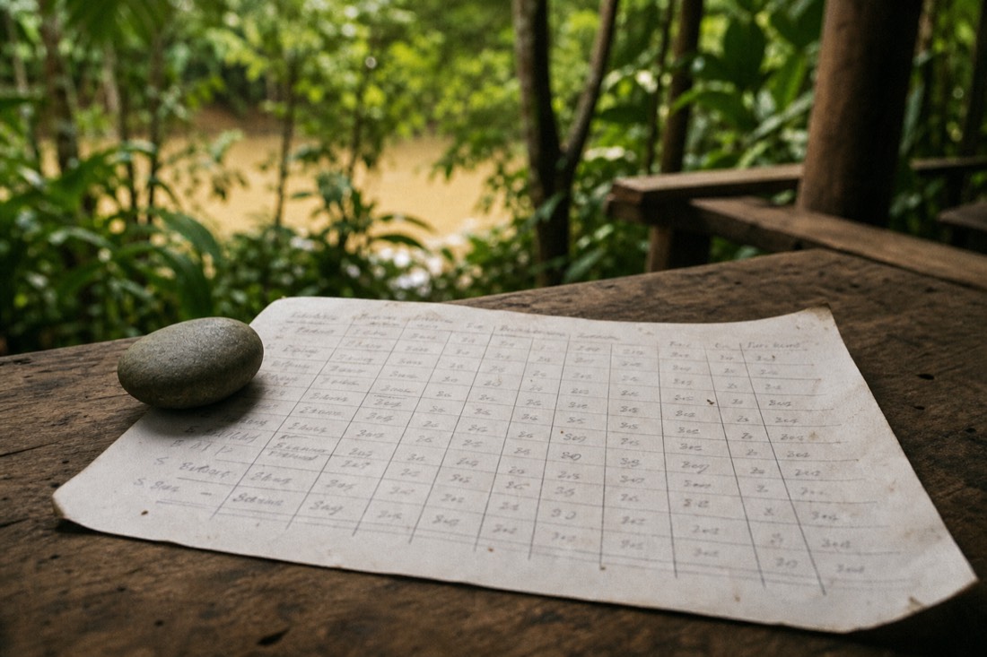 Handwritten scorecard grid on paper held down by a river stone on a wooden table, jungle greenery behind, Iquitos region