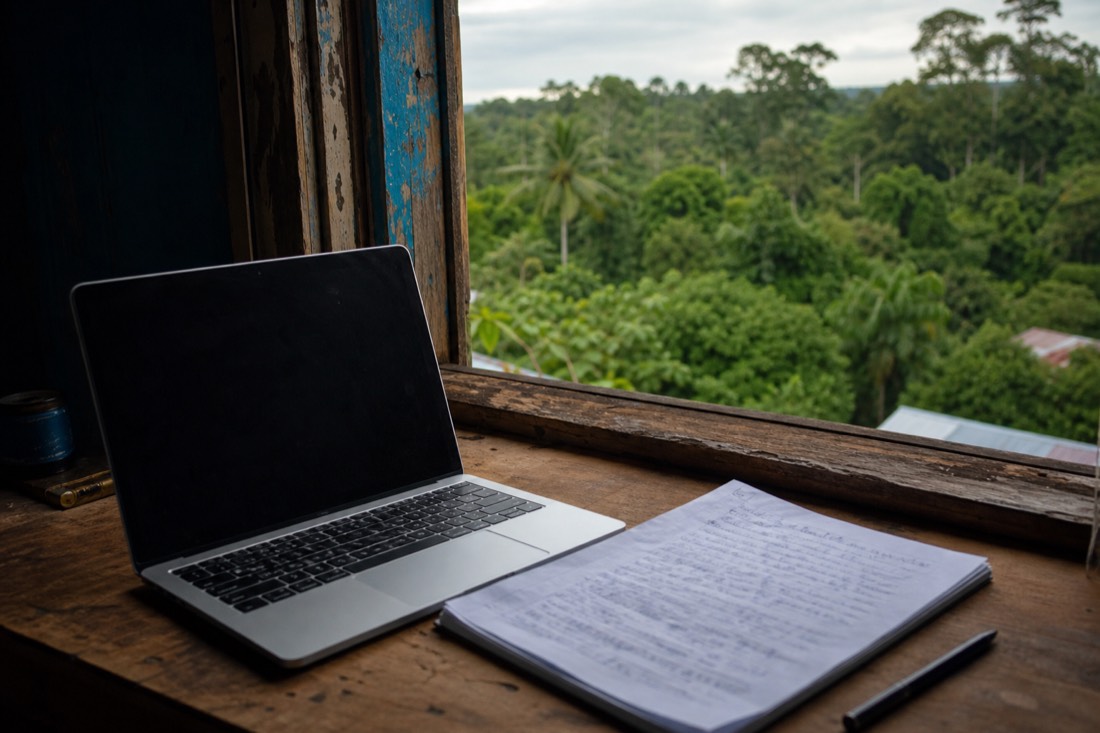 Laptop and handwritten checklist on a wooden desk beside a window overlooking rainforest canopy, Iquitos region