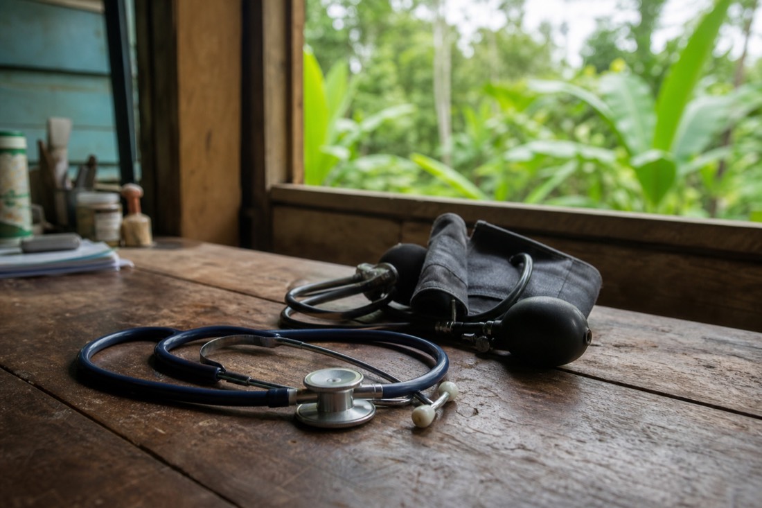 Stethoscope and blood pressure cuff on a wooden table inside a jungle lodge room