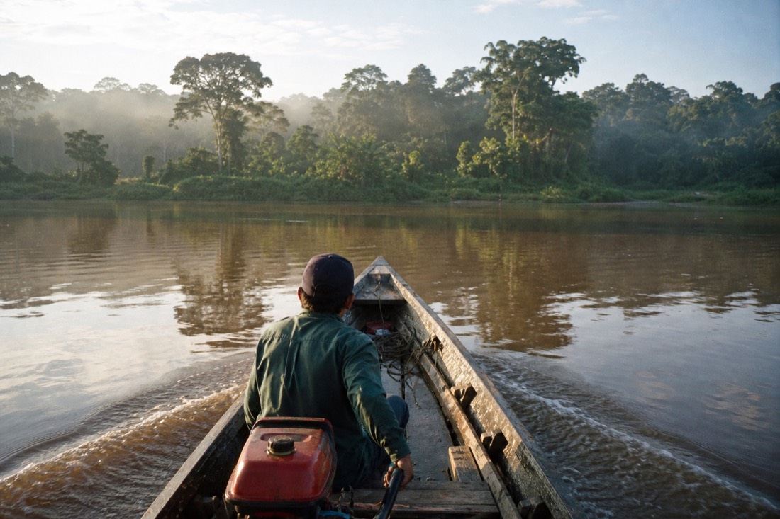 Long wooden riverboat crossing a wide Amazon river toward the far jungle bank in morning light