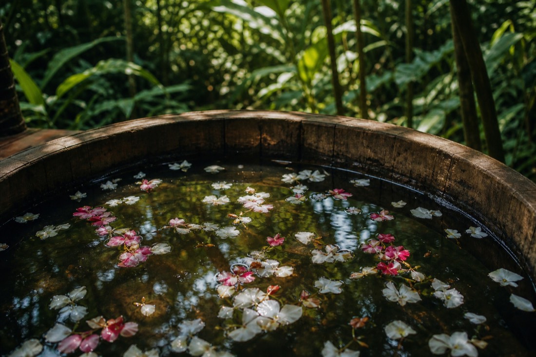 Flower petals floating on the surface of a wooden basin of bath water in dappled jungle light