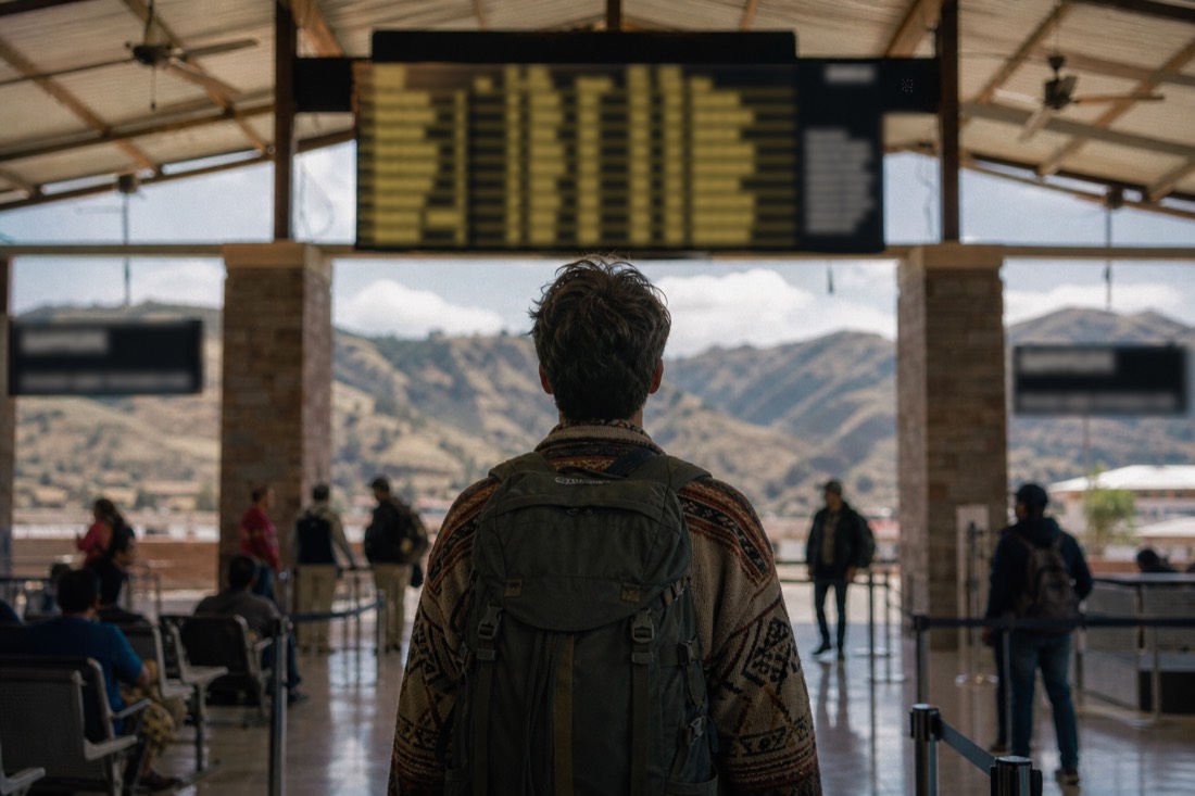 Traveler with a backpack looking at a departures board in a small tropical airport, warm natural light