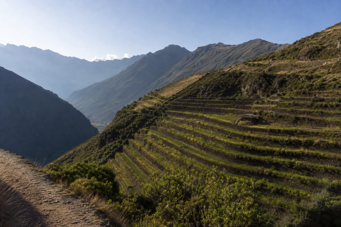 High Andean valley with green Inca farming terraces under cold morning light in the Sacred Valley