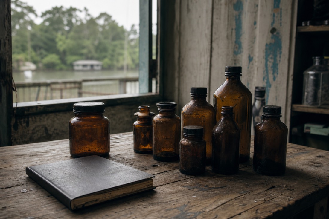 Amber glass medicine bottles and a notebook on a wooden table in diffused natural light