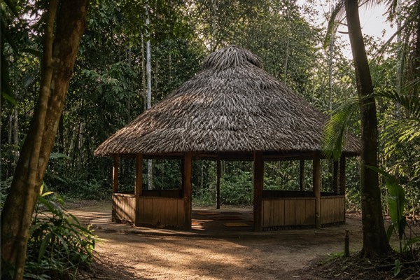 Small thatched maloca ceremony space in the Peruvian Amazon near Tamshiyacu, the intimate scale of a six-guest ayahuasca retreat